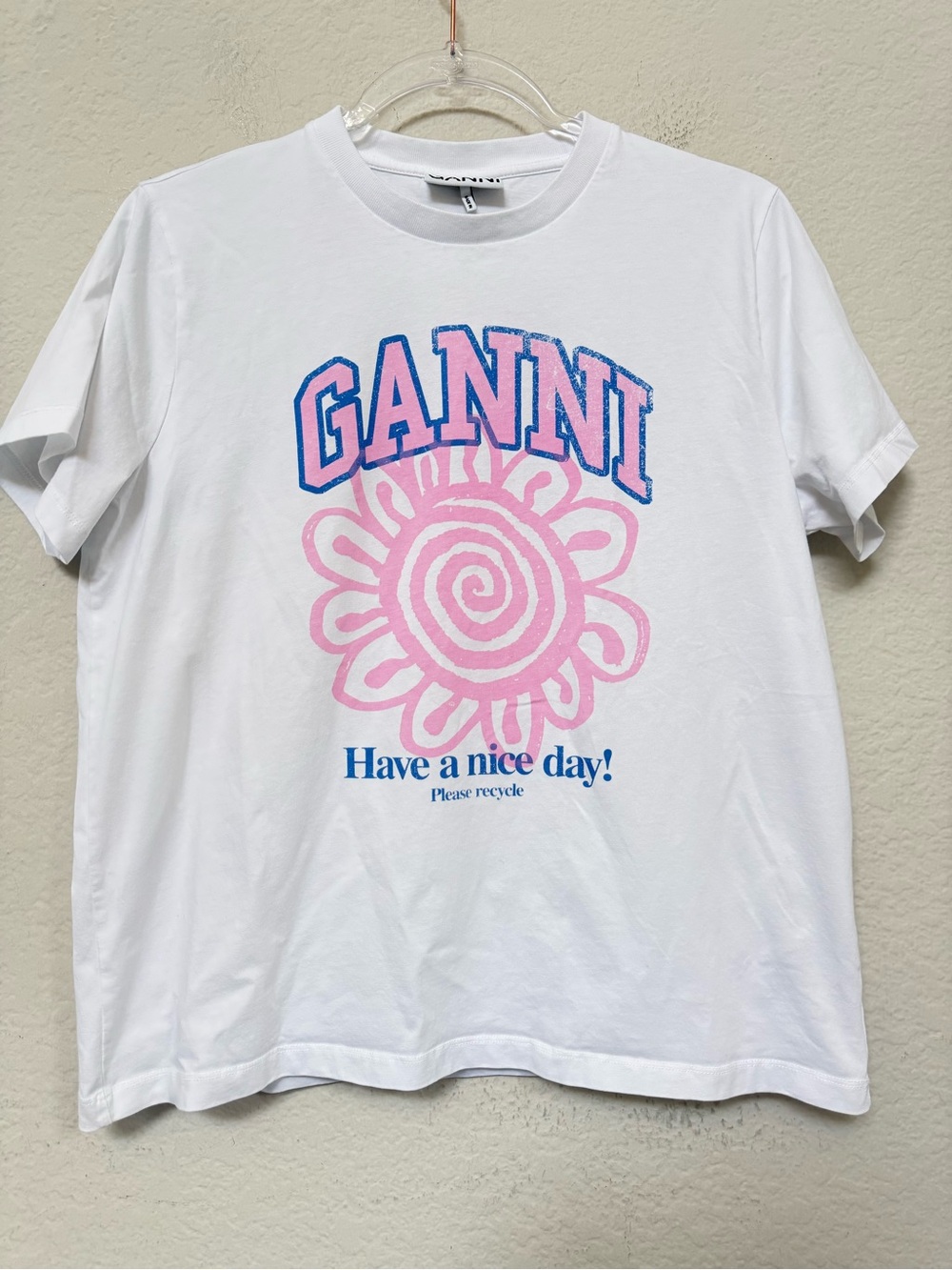 GANNI Graphic Flower Logo T Shirt White Pink Size Medium